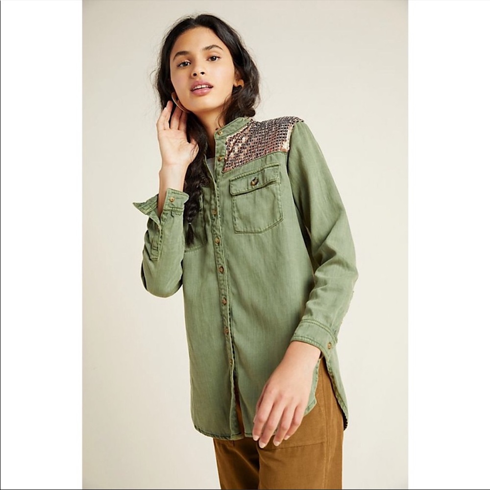 Anthropologie Sequined Cargo Shirt Size M